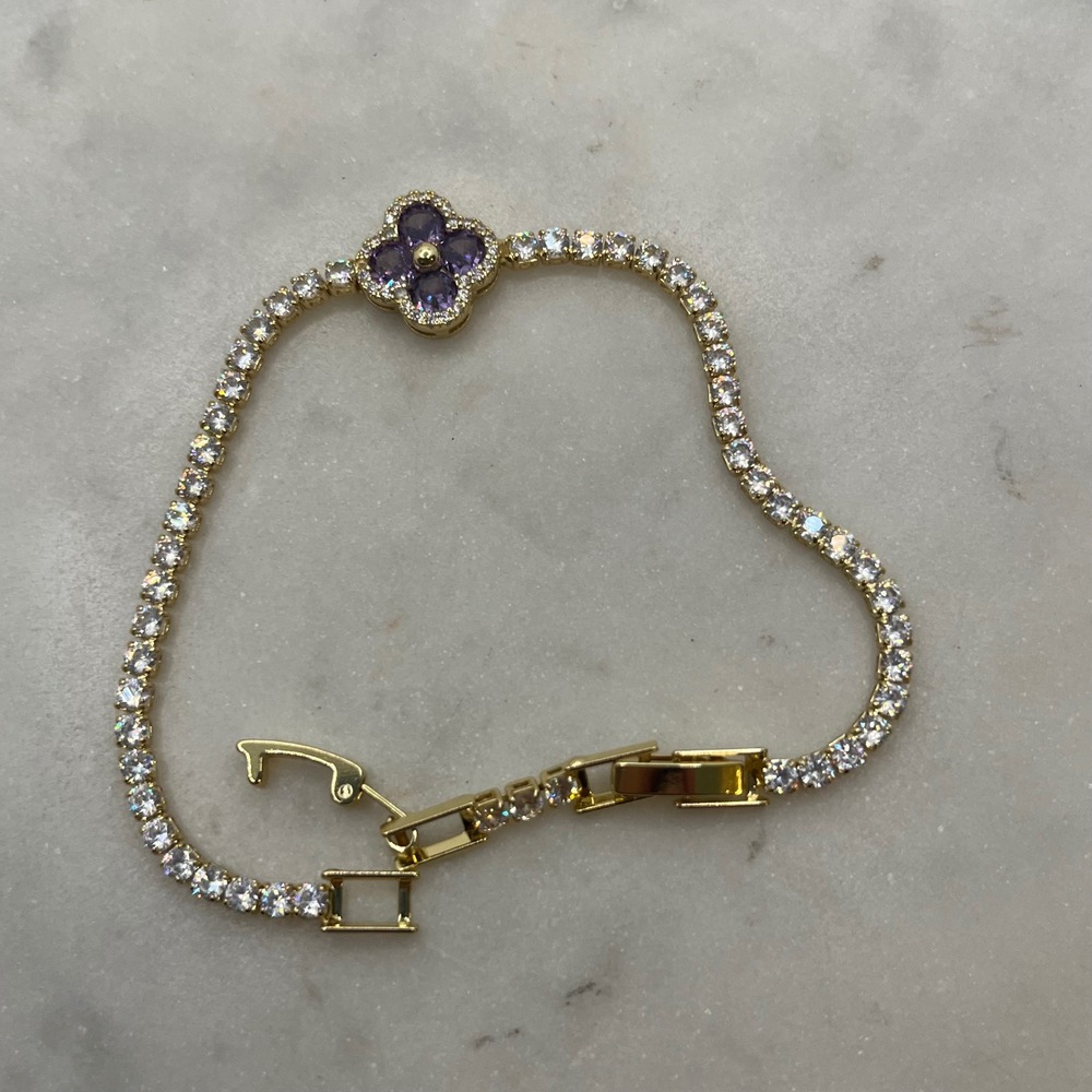 Purple Clover Pave Tennis Bracelet Adina Eden 14K Gold Plate Rhinestone CZ Jewel - Picture 2 of 5